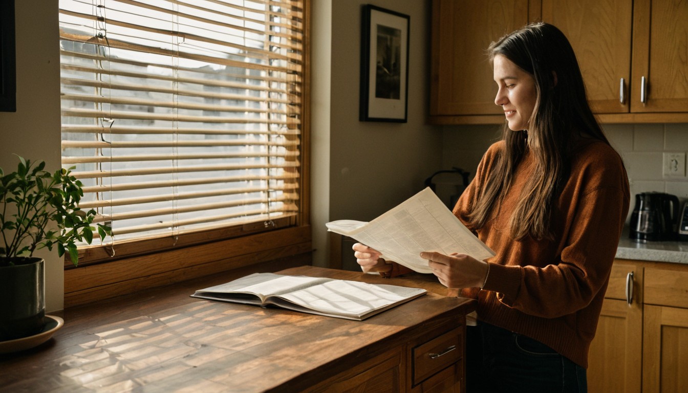 Canadian student at apartment table reviewing quick loan/LOC forms, enrollment letter, backpack and textbooks, natural w